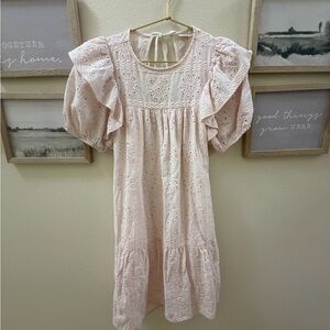 Girls' Pink Eyelet Ruffle Sleeve Dress